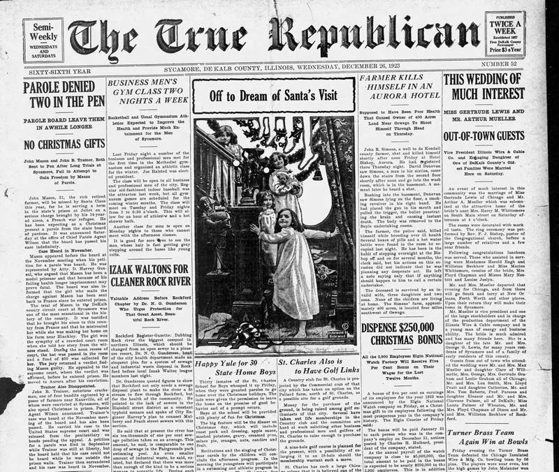 The Sycamore-based True Republican newspaper's front page on Dec. 24, 1923.