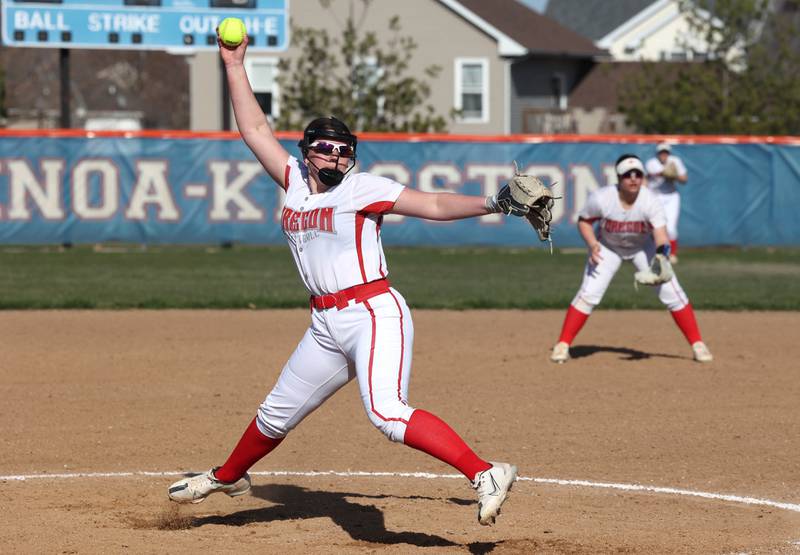 Oregon’s Brooke Halverson delivers a pitch during their game against the Cogs Tuesday, April 9, 2024, at Genoa-Kingston High School.