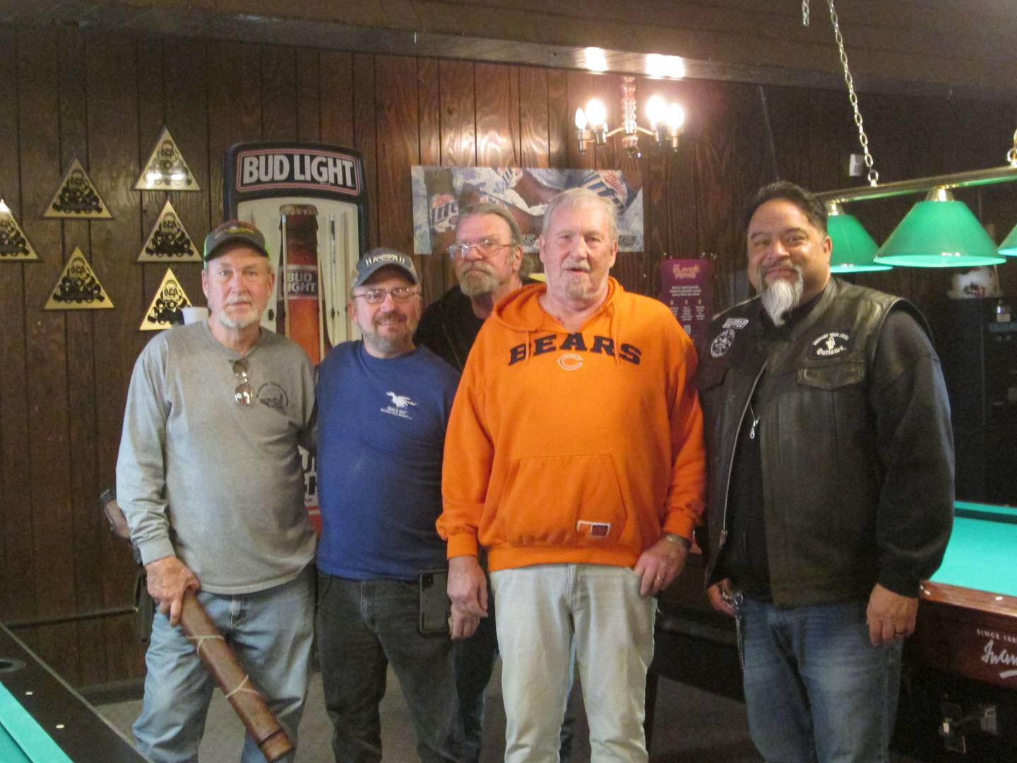 Pictured are first, second and third place winners in the Open Roads ABATE Pool Tournament – Bill Kolb (second place), Ted Thompson (third place), Kevin Smith (Open Roads ABATE activities coordinator), Wayne Glock (first place), and Ralph Torres (Open Roads member who kept track of the brackets).  Placement winners received cash prizes.