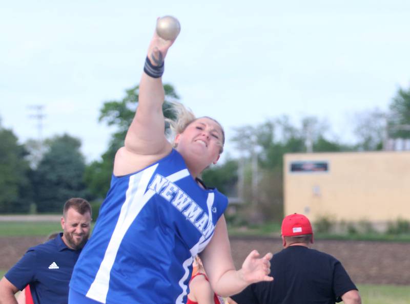 Newman's Kennedy Rowzee throws shot put during the Class 1A Sectional meet on Wednesday, May 8, 2024 at Bureau Valley High School.