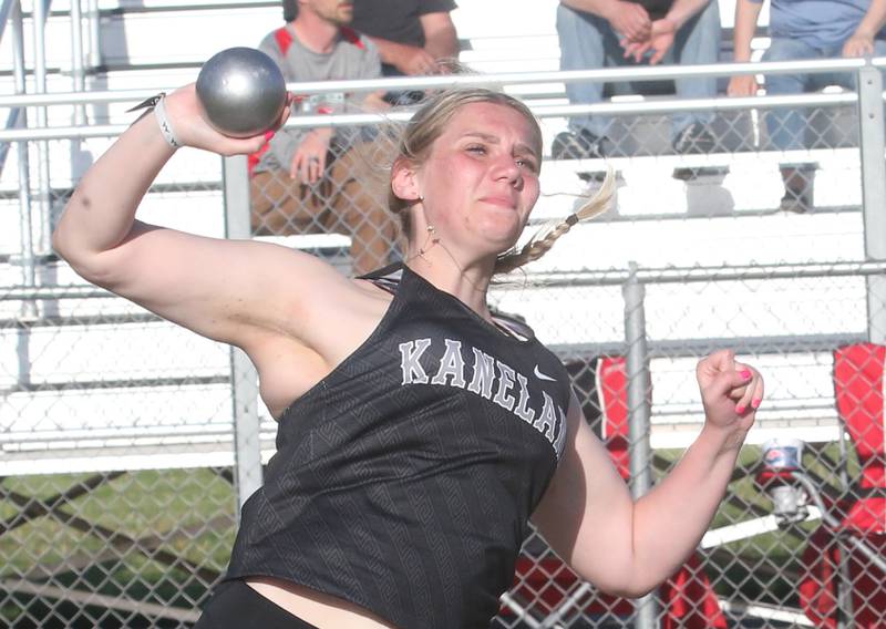 Kaneland's Charlotte Krage competes in the shot put during the Interstate 8 conference track meet on Friday, May 3, 2024 at the L-P Athletic Complex in La Salle.