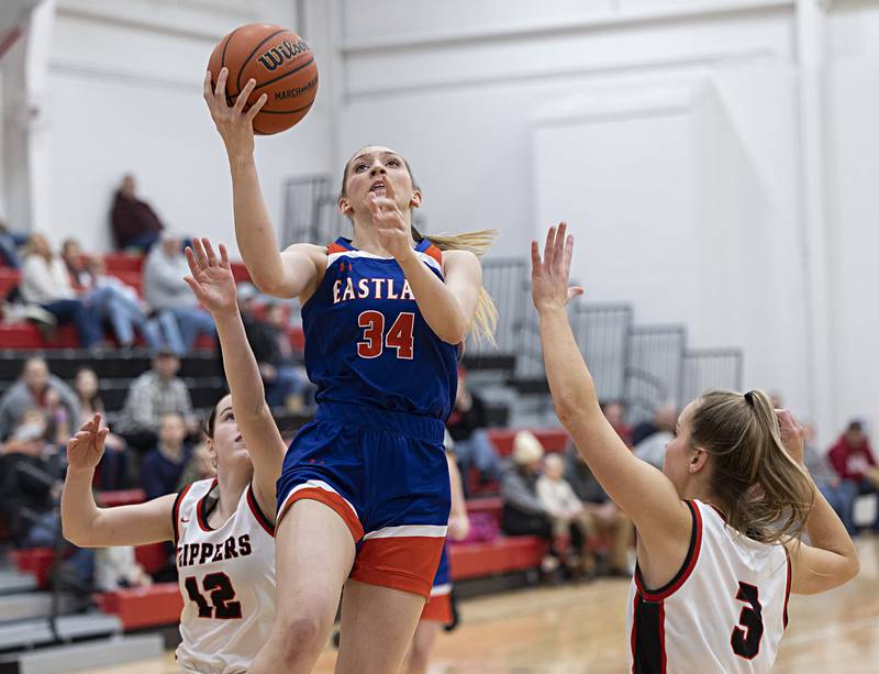 Eastland’s Trixie Carroll puts in a layup against Amboy Friday, Jan. 19, 2024 at Amboy High School.