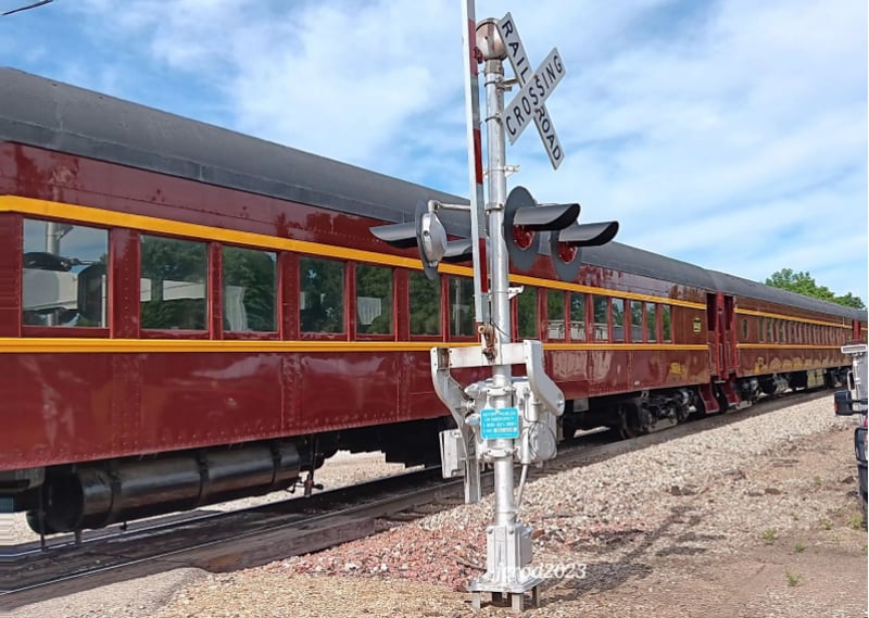 The diesel engine and 1920s passenger cars arrive for the Sheffield antique train rides June 9, 2024.