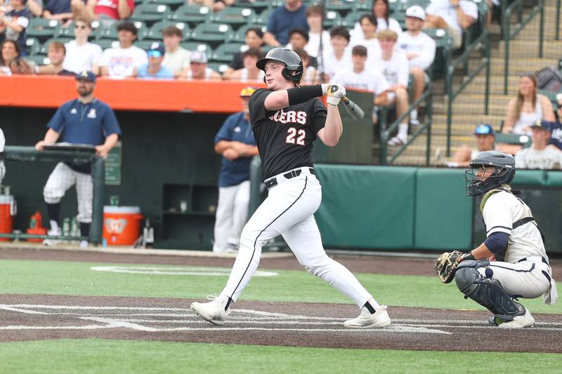 Crystal Lake Central’s Rhett Ozment connects for a triple against Lemont in the IHSA Class 3A Championship game on Saturday June 8, 2024 Duly Health and Care Field in Joliet.