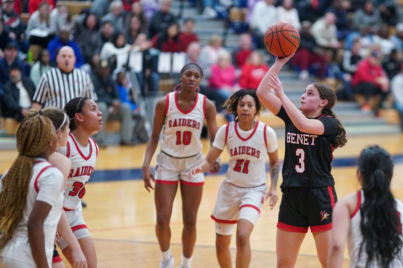 Benet’s Aria Mazza (3) shoos the ball in the paint against Bolingbrook during a Oswego semifinal sectional 4A basketball game at Oswego High School on Tuesday, Feb 20, 2024.