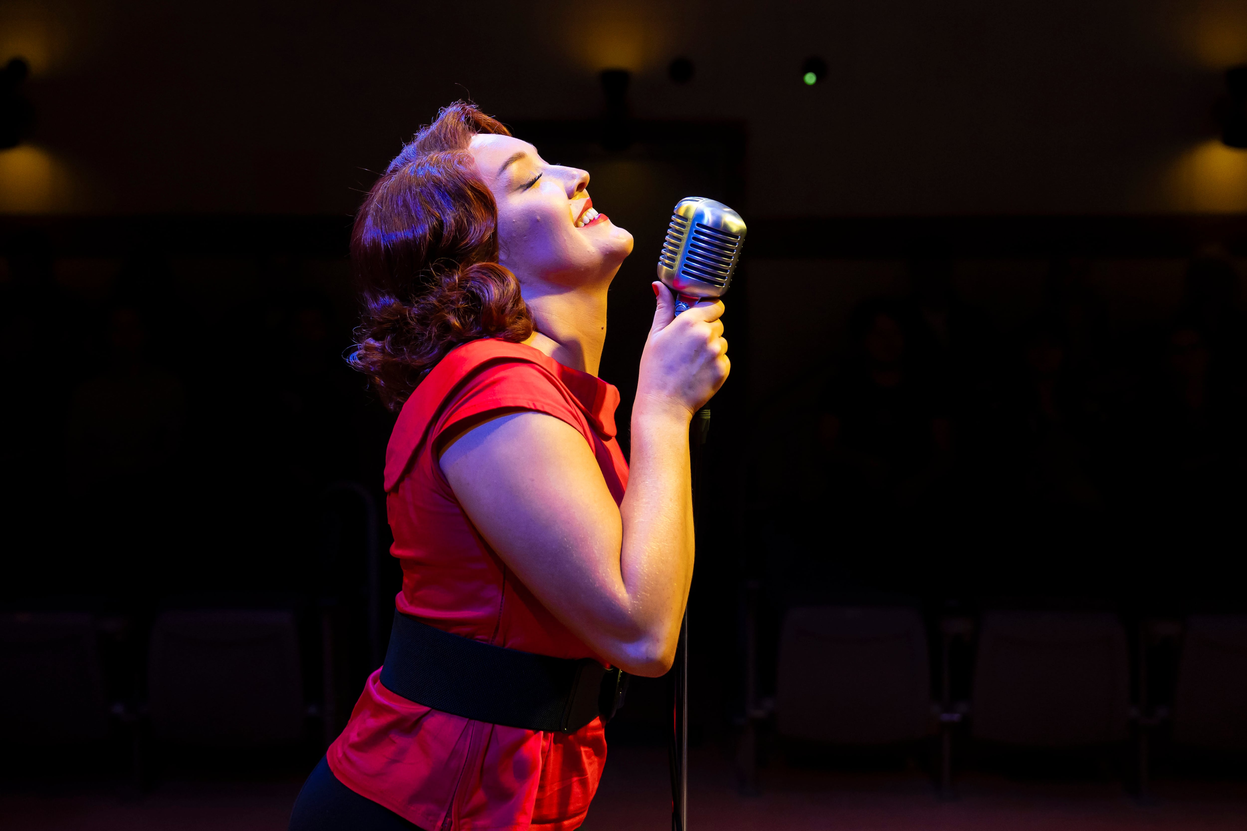 Madison Palmer plays Dyanne in Million Dollar Quartet, the inaugural production at Paramount Theatre’s new Stolp Island Theatre, 5 E. Downer Place, Suite G, in downtown Aurora. Performances have already been extended through December 29, 2024 due to popular demand. Tickets: paramountaurora.com or (630) 896-6666. Credit: Liz Lauren