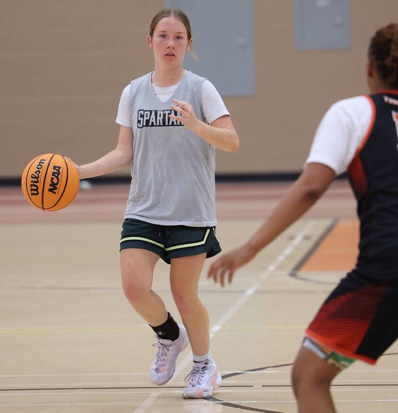 Sycamore’s Cortni Kruizenga brings the ball into the frontcourt during their summer game against Freeport Monday, June 17, 2024, at DeKalb High School.