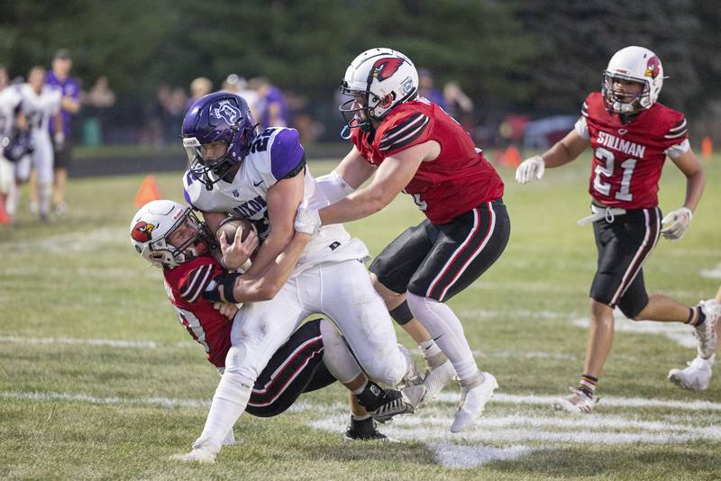 Dixon’s Aiden Wiseman is hauled down in the red zone against Stillman Valley Friday, August 25, 2023.