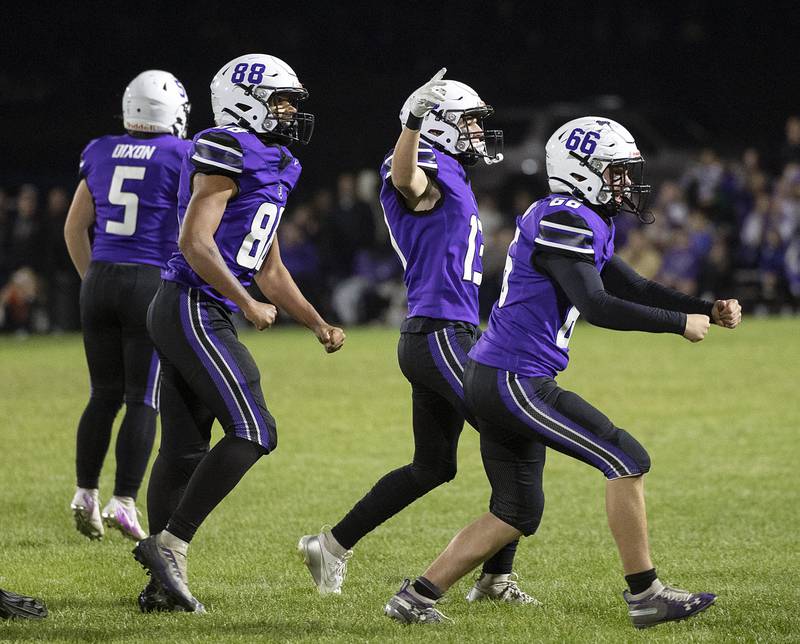 Dixon celebrates a recovered fumble against Byron Friday, Oct. 18, 2024, at A.C. Bowers Field in Dixon.