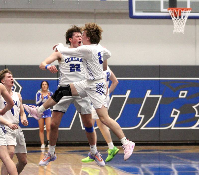 Burlington Central’s Nicholas Gouriotis and Nolan Milas leap for joy during the Rockets’ win over Rockford Boylan in IHSA Class 3A Sectional action at Burlington Central High School Wednesday night.