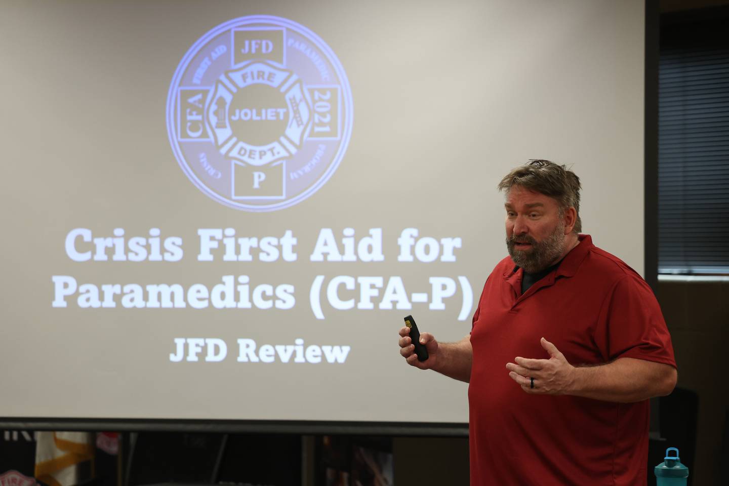 Joliet Fire Department Mental Health Coordinator John Lukancic leads a Crisis First Aid refresher course for the Joliet Fire Department Station One crew on Wednesday, July 12th, 2023 in Joliet.