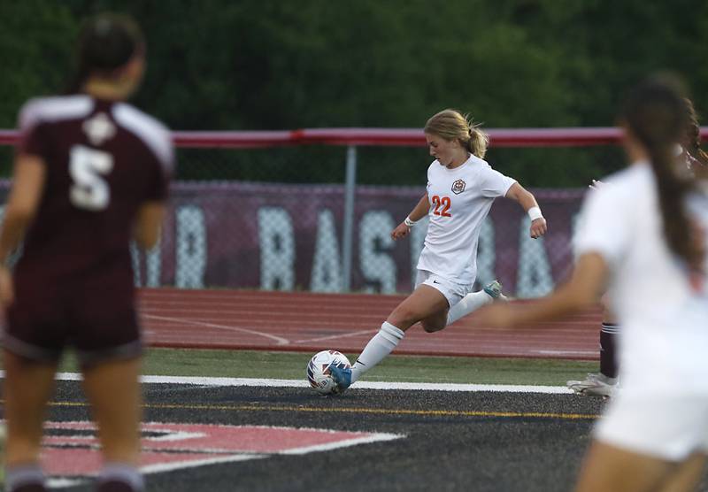 Crystal Lake Central's Olivia Anderson takes a shot on goal during the Class 2A Deerfield Supersectional girls soccer match against St. Ignatius College Prep on Tuesday, May 28, 2024, at Deerfield High School.