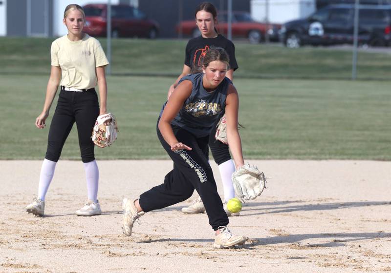 Addison Dierschow, a Kishwaukee Valley Storm 17u and Sycamore High School softball player, fields a grounder Wednesday, June 26, 2024, during 17u practice at the Sycamore Community Sports Complex. The team is preparing for this weekend’s Storm Dayz softball tournament at the complex which draws dozens of teams from throughout the area.