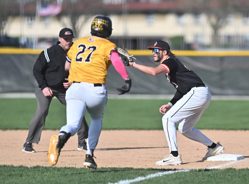 Lincoln-Way West's Jack Linko in action at first base during the non-conference game against Joliet West on Friday, April. 19, 2024, at Joliet.