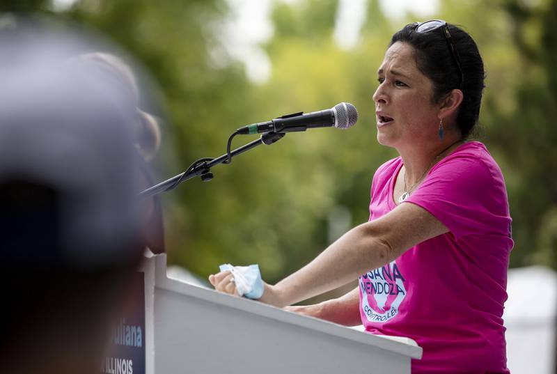 FILE - In this Aug. 28, 2021 file photo, Illinois Comptroller Susana Mendoza speaks during Governor's Day at the Illinois State Fair in Springfield, Ill. Mendoza has teamed up with other state financial officers to urge the federal government to reinstate a waiver on interest due on the billions of dollars that Washington advanced for states to pay unemployment benefits during the pandemic.