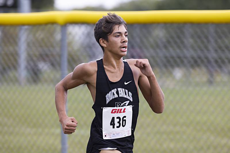 Rock Falls’ Anthony Valdivia head for a 8th place finish Tuesday, Sept. 12, 2023 during the Twin Cities Cross Country Meet at Centennial Park in Rock Falls.