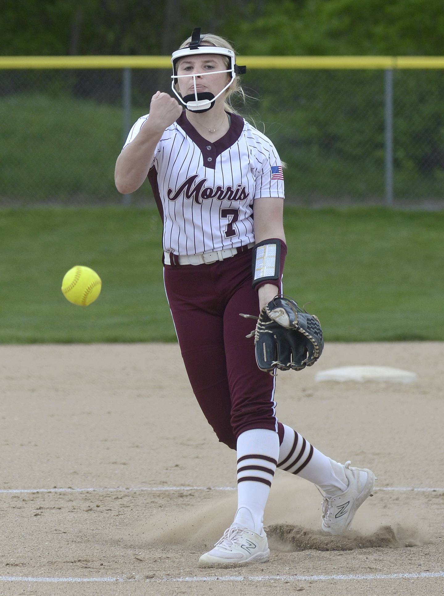 Morris Starting Pitcher Mylie Hughes lets go with a pitch Wednesday against Ottawa at Ottawa.
