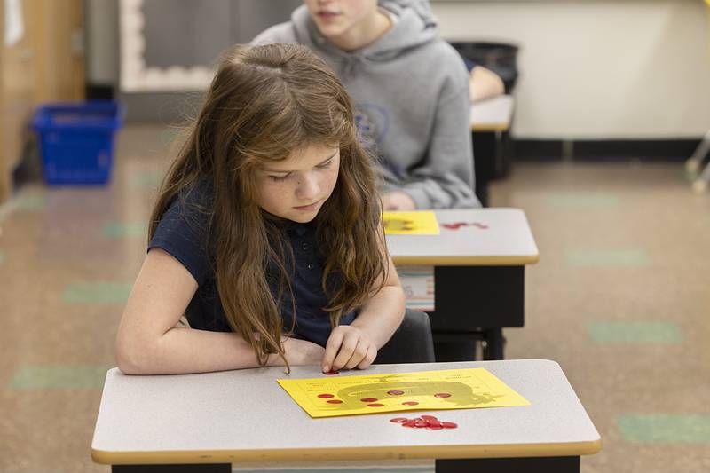 Nova Temiquel, a 3rd grader at  St.Mary’s School in Dixon plays Ag in the Classroom bingo Thursday, Feb. 1, 2024. Local professionals were brought in for fun and education with the students in celebration of Catholic Schools Week.