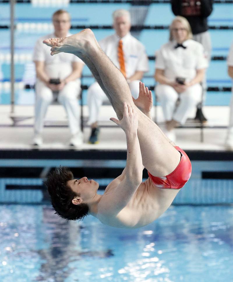 Sami Kassir of Hinsdale Central competes in the Boys 1 mtr Diving during the IHSA Boys state swim finals Saturday February 25, 2023 in Westmont.