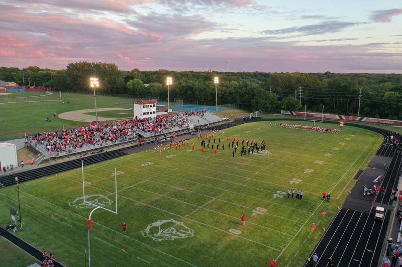 An aerial photo of Doug Dieken Stadium as the sun sets during the 103rd meeting between Ottawa and Streator football. The first played on Nov. 3, 1894.