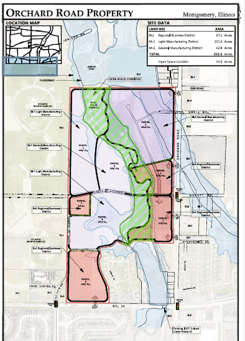 Concept plan for the 250-acre NGH Farms, LLC property along the west side of Orchard Road, north of Route 30 in Montgomery. The plan shows Aucutt Road extending west across the property from Orchard Road. (Courtesy of the village of Montgomery)