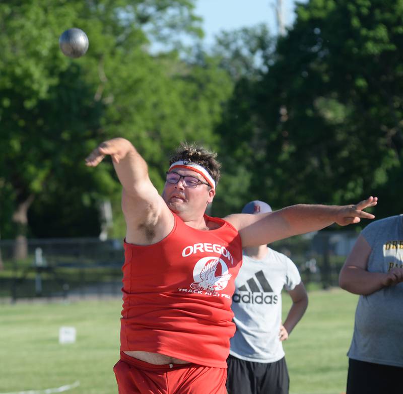 Oregon's Briggs Sellers threw a personal best of 13.67 meters (44' 10.25") in the shot put to finish first in the event at the 1A Winnebago Sectional on Friday, May 17, 2024 in Winnebago. He will compete in the event at the state finals at Eastern Illinois University in Charleston.