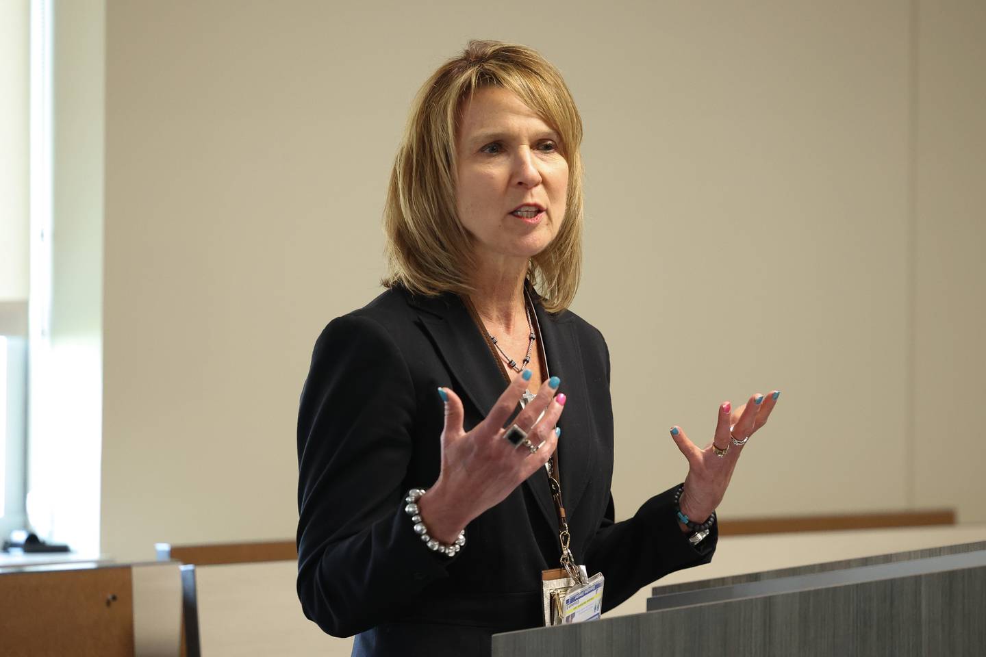 Elizabeth Bilotta, Will County Health Department Executive Director, shares a few work during U.S. Representative Lauren Underwood (IL-14) visit of the Will County WIC Clinic at the Will County Health Department facility on Wednesday, Feb. 21st 2024 in Joliet.