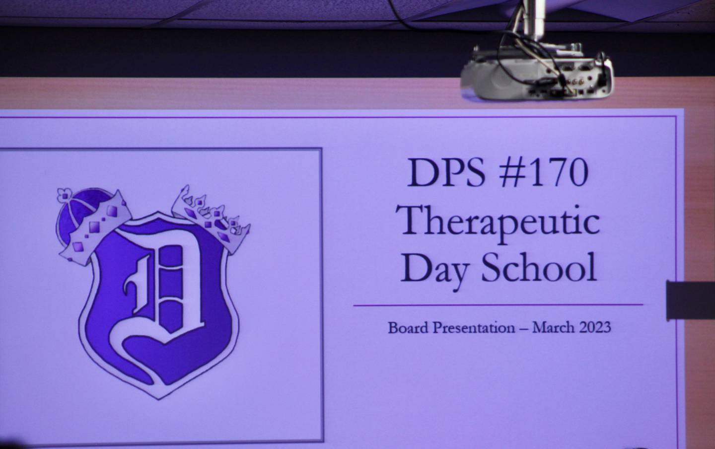 A projection slide from the March 2023 meeting of the Dixon Public Schools board of education meeting, where a proposal for a therapeutic day school was proposed.