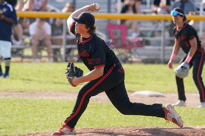 Yorkville's Preston Regnier (25) delivers a pitch against Neuqua Valley during a Class 4A Neuqua Valley Regional semifinal baseball game at Neuqua Valley High School in Naperville on Thursday, May 23, 2024.