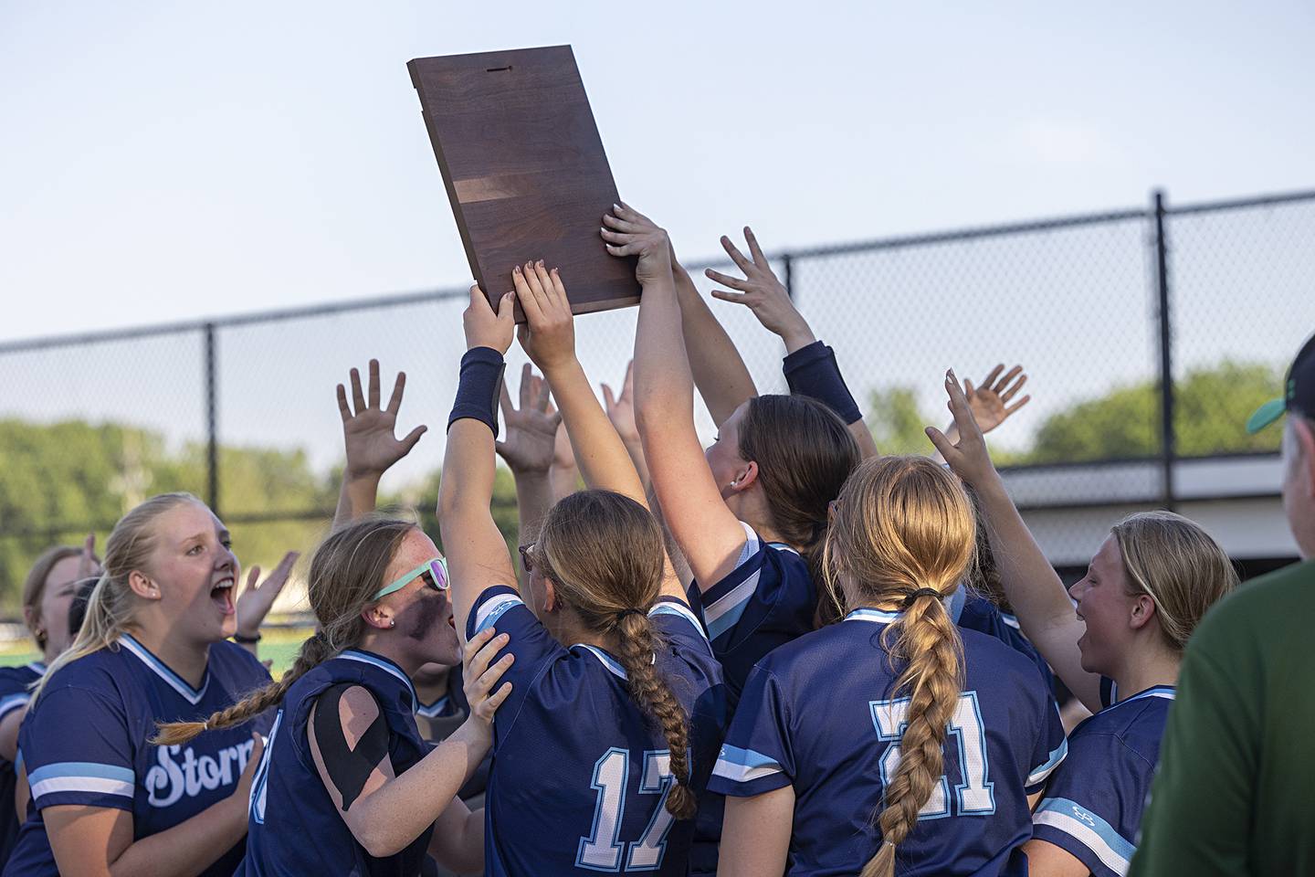 Bureau Valley hoists their regional plaque against Princeton Friday, May 17, 2024 at the Class 2A regional semifinals in Rock Falls.
