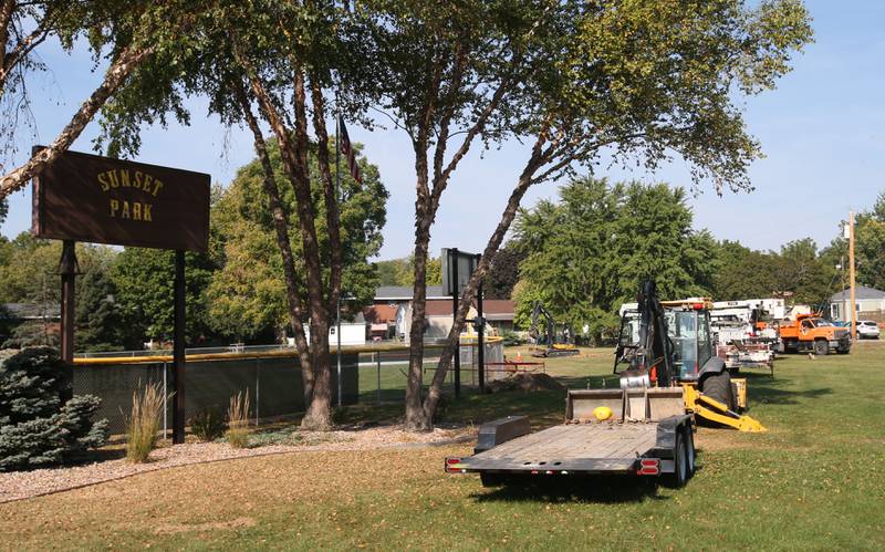 Crews work on replacing lighting at Sunset Park on Wednesday, Sept. 18, 2024 in Peru.