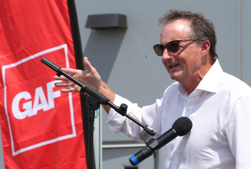 GAF CEO John Altmeyes speaks during a grand opening celebration at the GAF facility on Tuesday, July 16, 2024 in Peru.