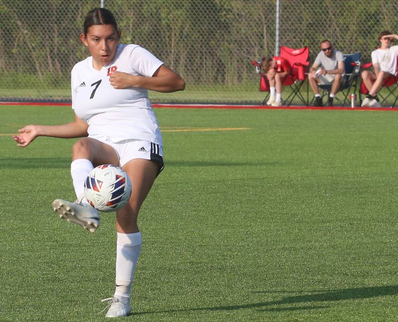 L-P’s Genesis Garcia boots the ball down the field against Morris during the Class 2A Regional semifinal game on Wednesday, May 15, 2024 at the L-P Athletic Complex in La Salle.