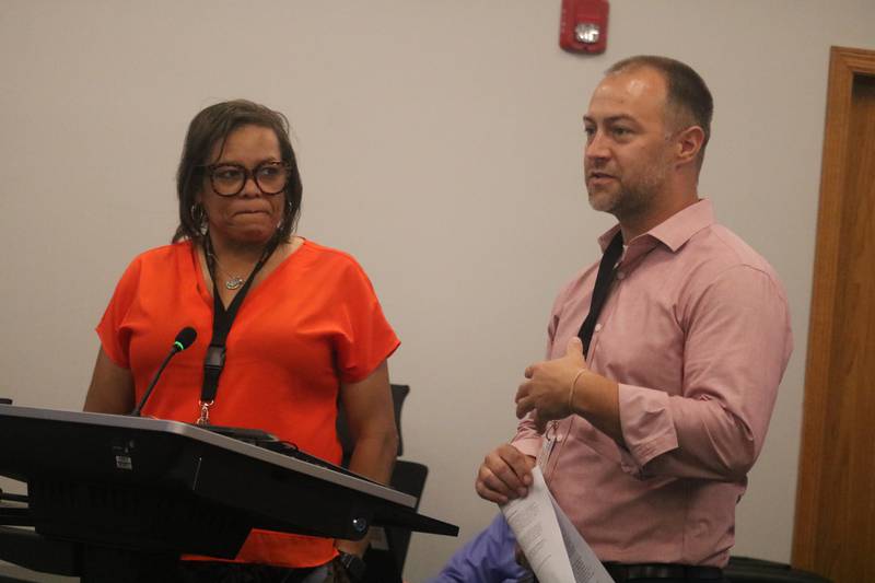 Director of Human Resources Deetra Sallis (left) and Director of Student Services Kyle Gerdes (right) speak at the Aug. 1, 2023 DeKalb School District 428 school board meeting.
