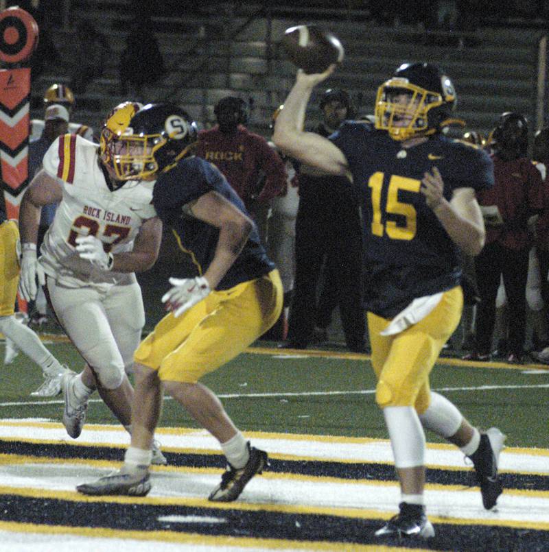 Sterling QB Drew Nettleton passes the ball upfield. Action took place on Friday, October  18th, 2024 in Sterling.