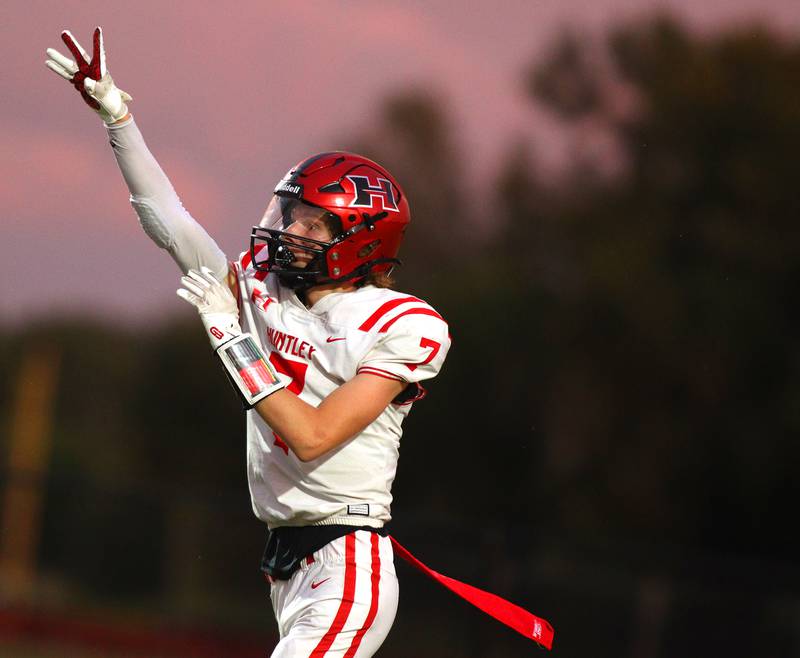 Huntley’s Wyatt Fleck celebrates after hauling in a pass in varsity football on Friday, Aug. 30, 2024, at Metcalf Field on the campus of Crystal Lake Central High School in Crystal Lake.