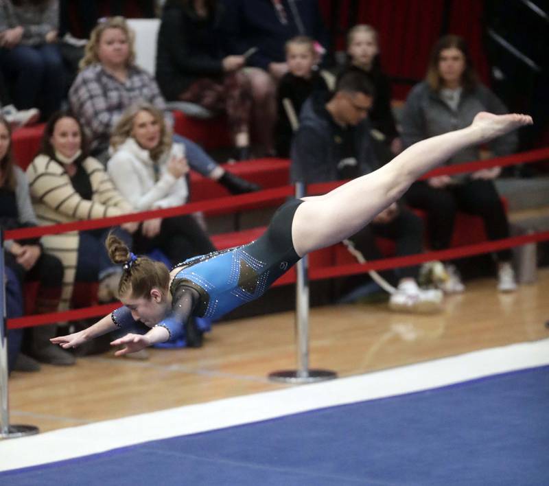 Downers Grove South’s Kathryn Snouffer competes in the floor exercise during the IHSA Girls Gymnastics State Finals Saturday February 19, 2022 at Palatine High School.