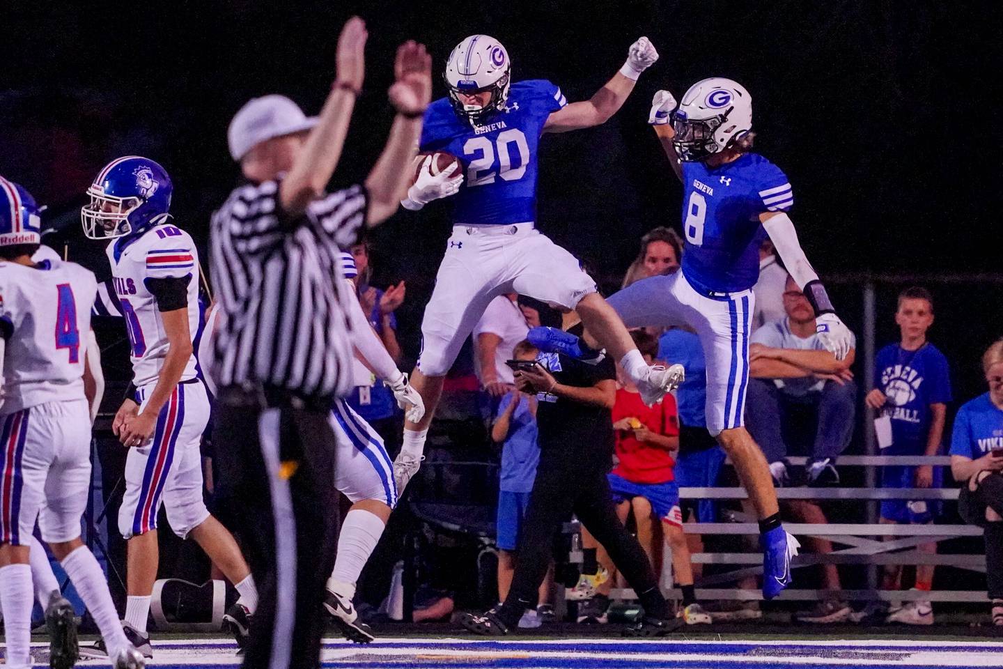 Geneva’s Michael Rumoro (20) celebrates after scoring a touchdown on a run against Larkin during a football game at Geneva High School on Friday, Aug 30, 2024.