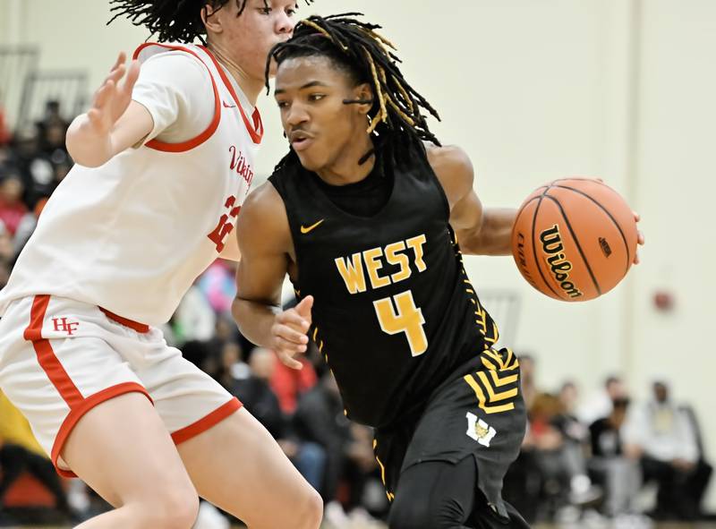 Joliet West's Brilan Townsend  drives to the basket  during the Class 4A sectional semifinal against Homewood Flossmoor at Rich Township on Tuesday, Feb. 27, 2024, at Richton Park. (Dean Reid for Shaw Local News Network)