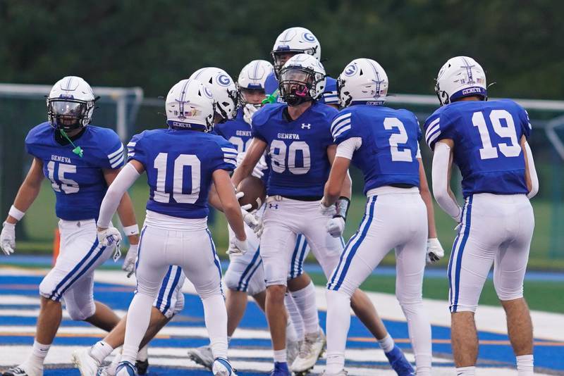 Geneva’s Bennett Konkey (80) reacts after scoring a touchdown on the opening kick-off against Larkin during a football game at Geneva High School on Friday, Aug 30, 2024.