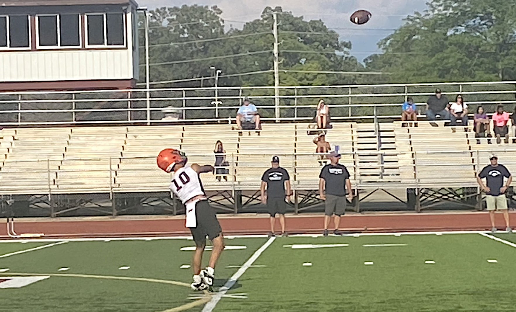 Romeoville quarterback Richard Conley fires a pass at a recent 7 on 7 competition at Morris.