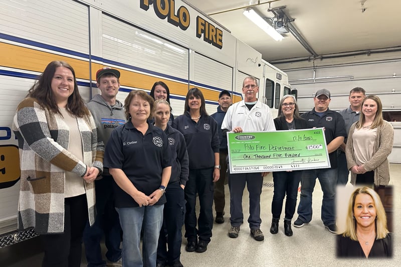 COUNTRY Financial team members Jozi Burke, Cindy Hendrickson, Ashley Strehlow and Jeanette Linker (inset) with members of the Polo Fire Protection District, Joe Buhlig, Denise Clothier, Sabrina Stock, Peyton Knight, April Rivers, Brent Shipman, James Ports, DJ Sanders, and Chuck Clothier.