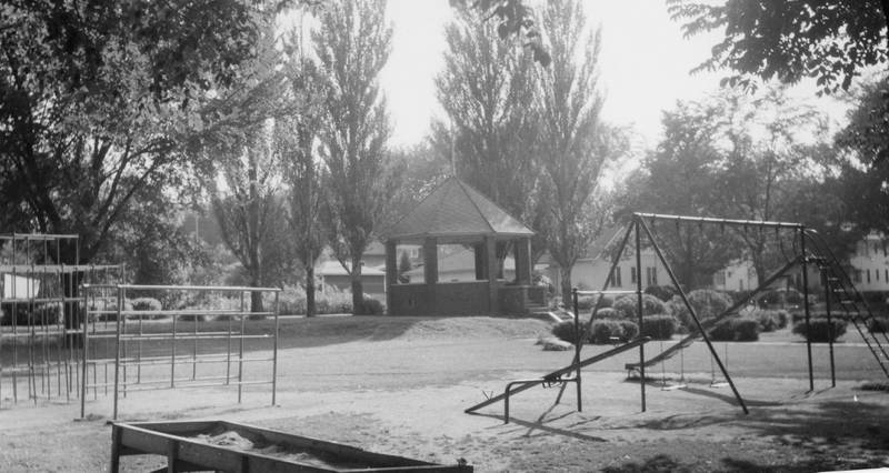 Original bandstand in Liberty Park in DeKalb, between 10th and 11th Streets on Lewis Street, August 1955.