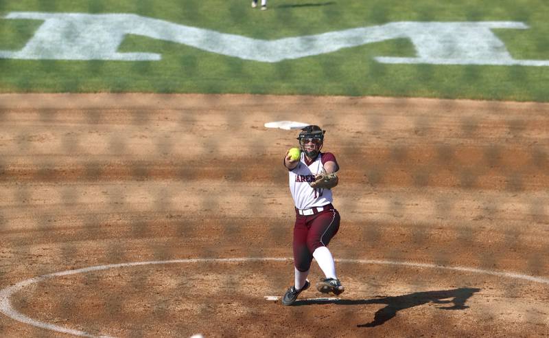 Marengo’s Lilly Kunzer delivers against North Boone in IHSA Softball Class 2A Regional Championship action at Marengo Friday.