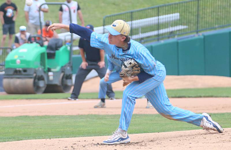 Marquette pitcher Carson Zellers lets go of a pitch to Altamont during the Class 1A State championship game on Saturday, June 1, 2024 at Dozer Park in Peoria.
