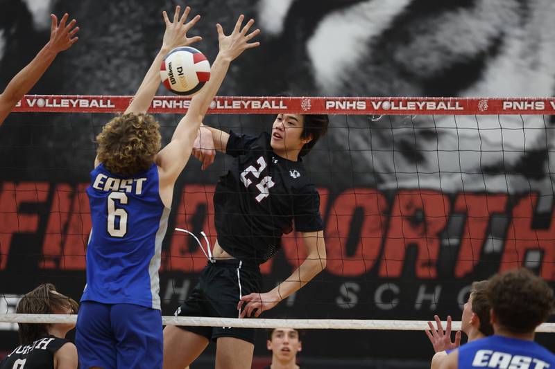 Plainfield North’s Chris Mactal hits a shot against Lincoln-Way East on Tuesday, April 2, 2024.