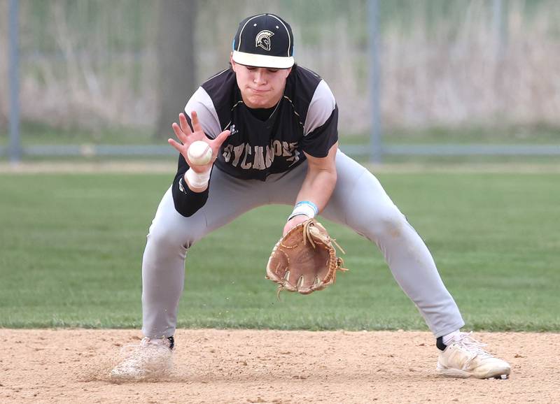 Sycamore's Nathan Lojko plays a bad hop at shortstop during their game against Rochelle Wednesday, April 10, 2024, at Rochelle High School.