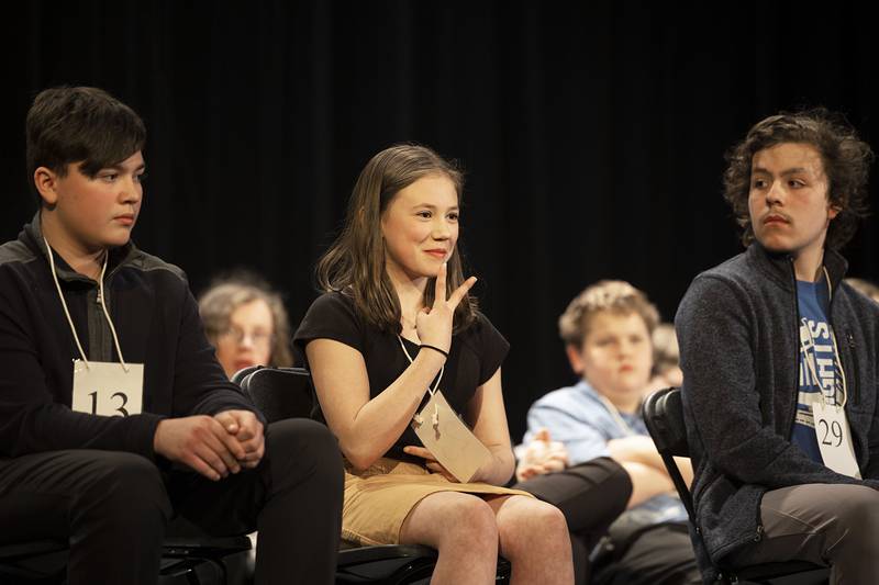 Forreston’s Cora Schmidt gestures after going out Thursday, March 9, 2023 during the Lee-Ogle-Whiteside Regional Spelling Bee. Schmidt came in third.