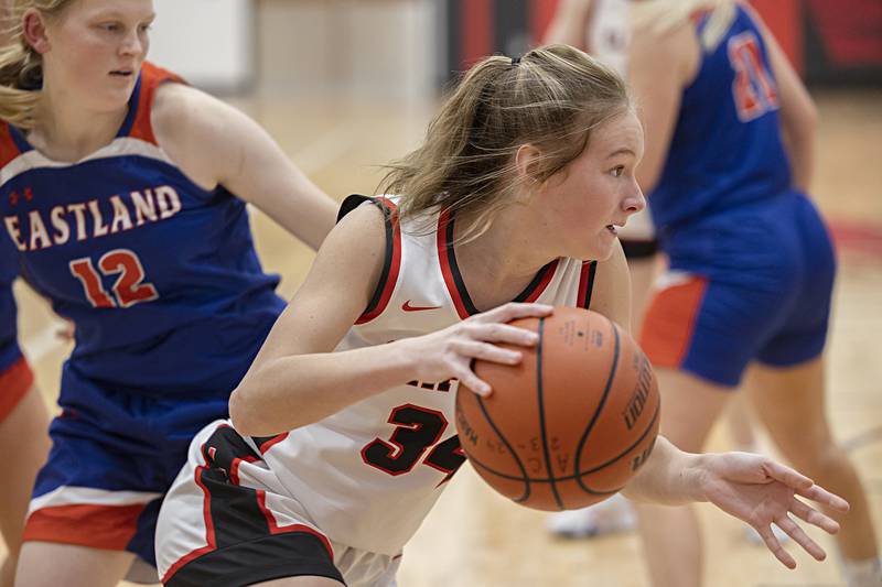 Amboy’s Bella Yanos drives the baseline against Eastland Friday, Jan. 19, 2024 at Amboy High School.