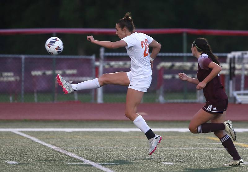 Crystal Lake Central's Jillian Mueller takes a shot on goal during the Class 2A Deerfield Supersectional girls soccer match against St. Ignatius College Prep on Tuesday, May 28, 2024, at Deerfield High School.